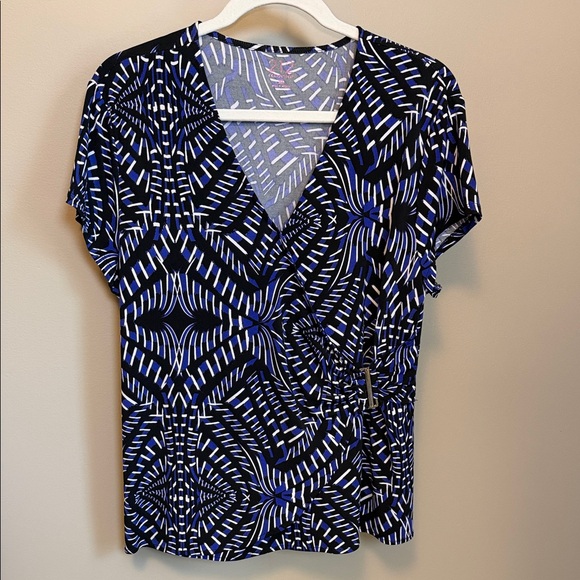 212 Collection Tops - 212 Collection Black and Blue Geometric Wrap-Style Blouse